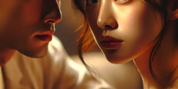 A warm, intimate scene featuring two characters in a charged emotional interaction, highlighting their evolving connection.