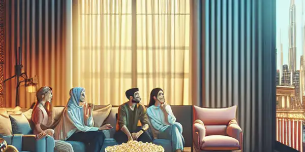 A cozy, softly lit room where a diverse group enjoys viewing Japanese adult films on a large screen.