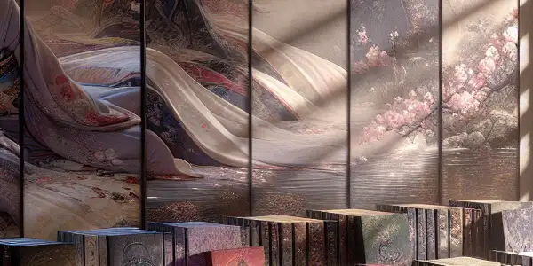 A serene Japanese room featuring erotic literature, DVDs, cherry blossoms, and ethereal figures embodying intimacy and allure.