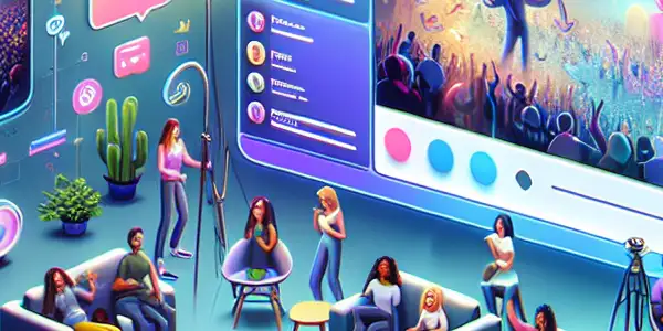 A lively virtual adult entertainment streaming room with diverse characters, colorful interfaces, and hints of privacy elements.