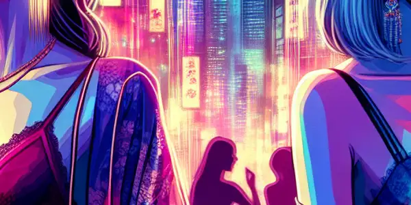 A vibrant urban scene showcasing confident transgender characters amidst neon lights, embodying allure and diversity in nightlife.