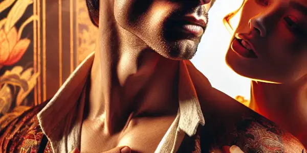 A passionate couple embraces in an intimate, dimly lit setting, evoking themes of forbidden love and desire.