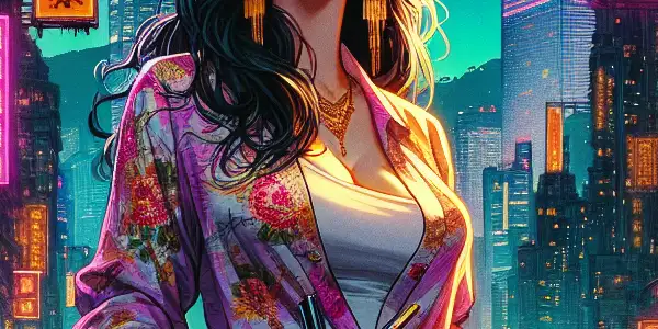 A charismatic female protagonist in stylish attire explores a vibrant Hong Kong nightlife, embodying adventure and allure.