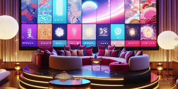 A sleek, vibrant digital lounge showcasing diverse adult entertainment genres with inviting, seductive ambiance and high-tech elements.