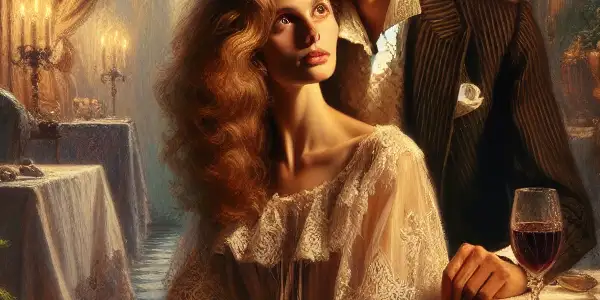 A romantic scene of a sophisticated couple in an elegant French room, conveying desire and intrigue.