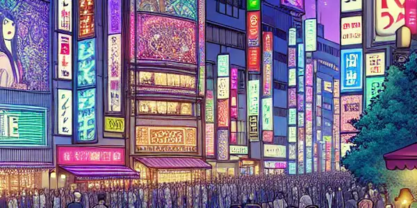 A vibrant Tokyo nightscape filled with neon lights, lively conversations, and a chic café atmosphere exploring adult film culture.