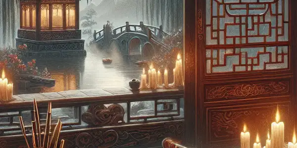 An intimate Chinese study featuring an open scroll of erotic literature, surrounded by candles and a serene garden view.<a href=