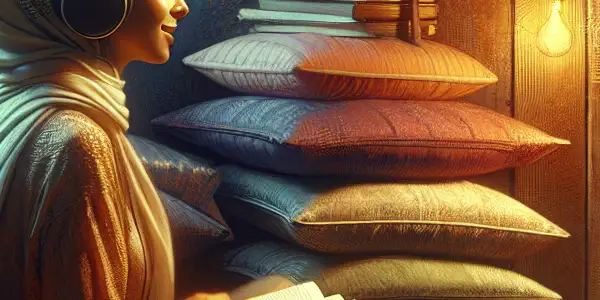 A cozy, intimate room with a person enjoying audio storytelling, surrounded by suggestive novels, a candle, and wine.