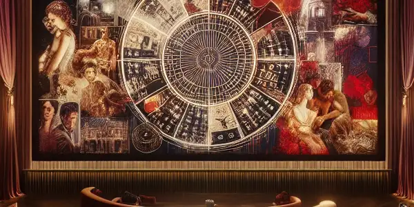 A luxurious viewing room showcasing abstract representations of romance on a high-definition screen, with elegant decor and intimate lighting.