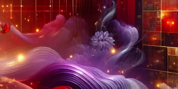 An abstract digital landscape featuring vibrant colors, flowing fabrics, and a high-tech interface, inspired by adult entertainment themes.