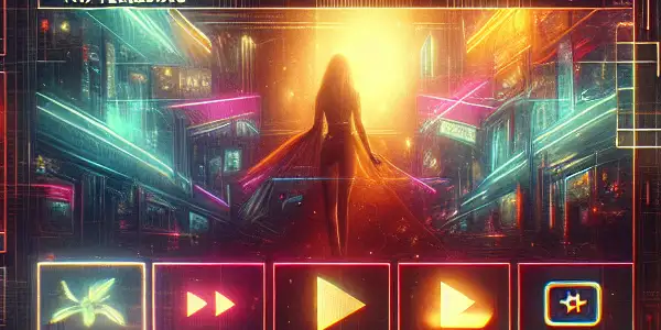 A futuristic digital entertainment platform showcasing vibrant adult film thumbnails in a cozy living room setting.