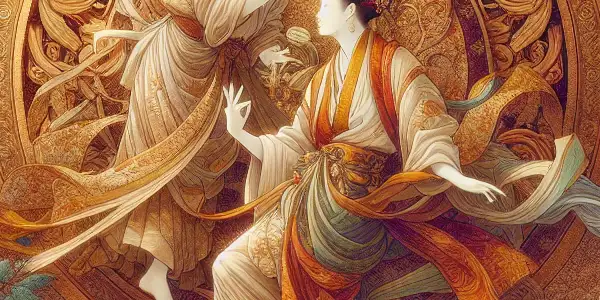 Nude figures in a lush, romantic setting, capturing a passionate and intimate moment with elegant details.