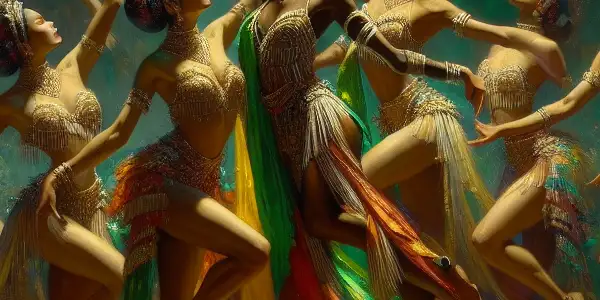 A vibrant tropical scene featuring dancers in traditional Filipino attire performing sensuous movements amidst lush landscapes.