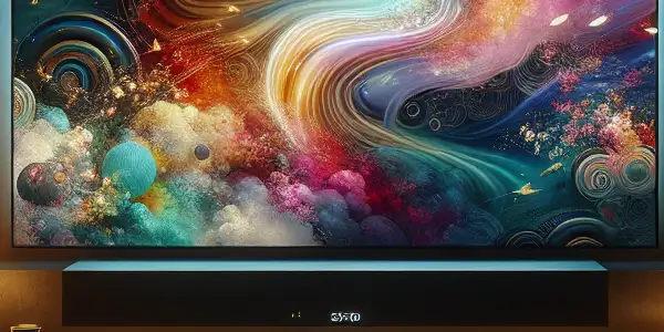 A modern living room featuring a large screen displaying a vibrant, abstract Japanese AV scene with elegant decor.