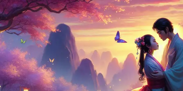 A romantic couple shares an intimate moment in a vibrant, butterfly-filled valley adorned with cherry blossoms and lanterns.