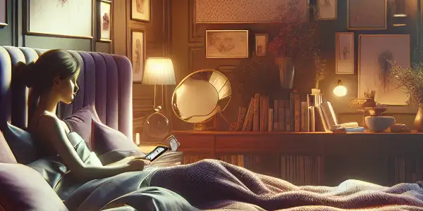 A cozy bedroom scene featuring a plush bed, warm lighting, and a person nestled in soft blankets.