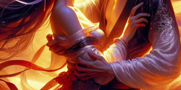 A passionate embrace between two characters in a dimly lit room, conveying urgency and longing amidst romantic elements.