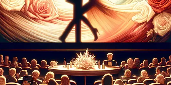 A luxurious cinema scene with diverse, stylish individuals enjoying a romantic atmosphere and an abstract film on screen.