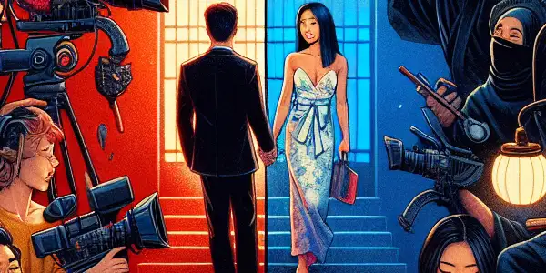 A split scene depicting the contrast between empowerment and exploitation in the Japanese adult film industry.