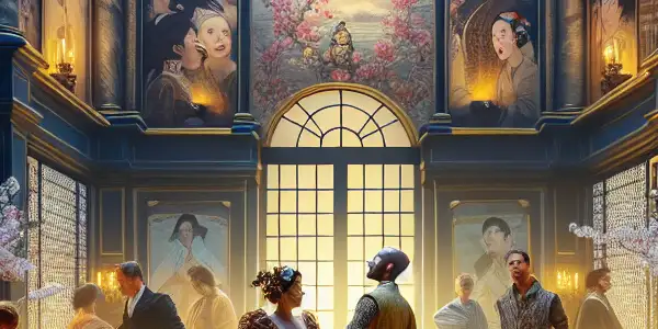 A dynamic film set featuring diverse actors in an intimate, sensual performance, blending Dutch and Japanese artistic influences.